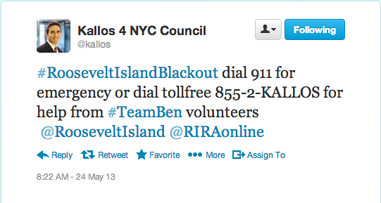  #RooseveltIslandBlackout dial 911 for emergency or dial tollfree 855-2-KALLOS for help from #TeamBen volunteers @RooseveltIsland @RIRAonline