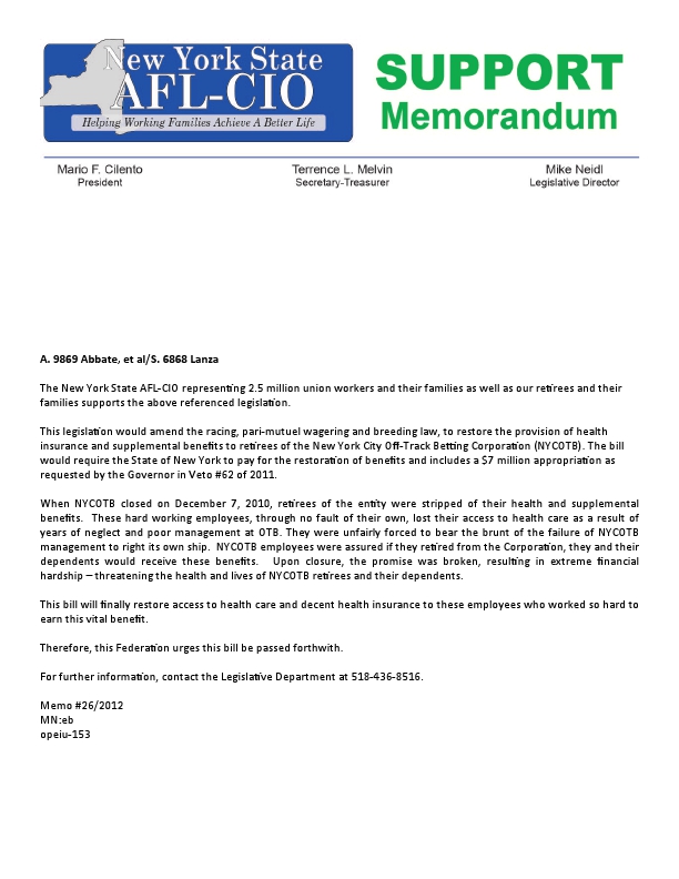AFL-CIO Memorandum in Support of Health Benefiits for NYCOTB Retirees